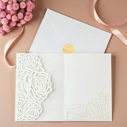 Laser Cutting Invitation Card Greeting Card Graduation Party Rose Flower Wedding Birthday Party Invitations Invitation Pocket With Envelope (White) | Greeting Card, Graduation Party, Rose Flower, Wedding Birthday Party Invitations, Invitation Pocket With