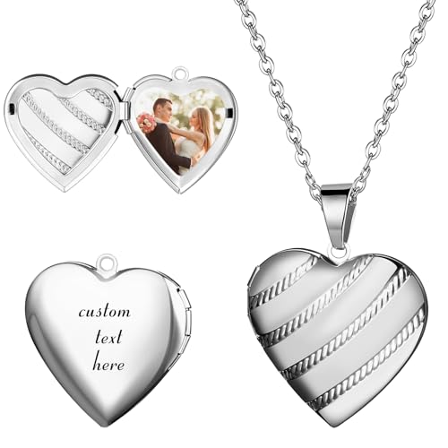 OIDEA Locket Necklace for Women: Gold Photo Lockets that Hold Picture Stainless Steel Necklace with Picture Inside Birthday Mothers Day Jewelry Gifts for Womens - color: stripes heart - silver custom