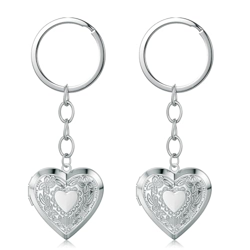 2PCS Elegant Heart Locket Keychain with Decorative Chain Stainless steel, Heart Pattern Design, Photo Frame Pendant - color: Heart-1