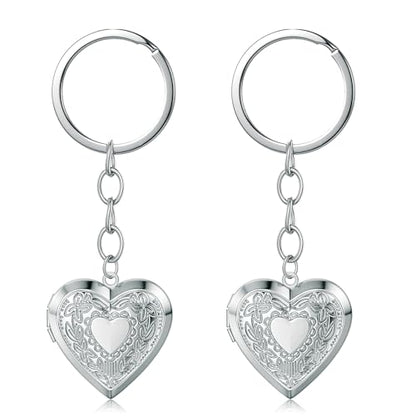 2PCS Elegant Heart Locket Keychain with Decorative Chain Stainless steel, Heart Pattern Design, Photo Frame Pendant - color: Heart-1