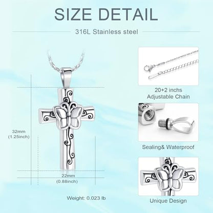 Butterfly Cross Urn Necklace for Ashes Birthstone Cremation Jewelry for Men Women Ashes Pendant Keepsake Memorial Ash Jewelry - color: Silver