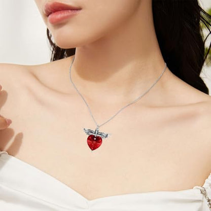 SOULMEET Memorial Wings Necklace for Ashes with Large Heart Crystal Birthstone, Angel Wings Urn Necklaces with Heart Shaped Birthstone Keepsake Silver Cremation Jewelry - style: A-January