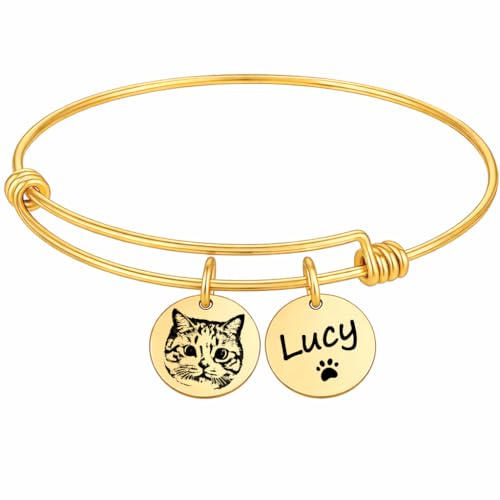 Pet Portrait Bracelet Personalized – Dog or Cat Face Charm Bangle Bracelet with Photo & Name Engraving, Pet Memorial Jewelry for Dog Mom, Animal Lovers – Mother’s Day, Birthday, Christmas - color: Gold
