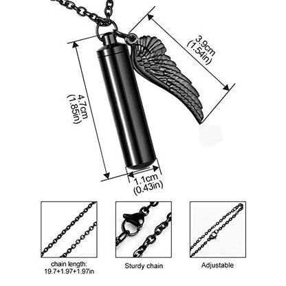 Dletay Cylinder Cremation Urn Necklace for Ashes Memorial Keepsake Pendant with Angel Wing Stainless Steel Remembrance Jewelry - color: Black-L, style: non-engraving