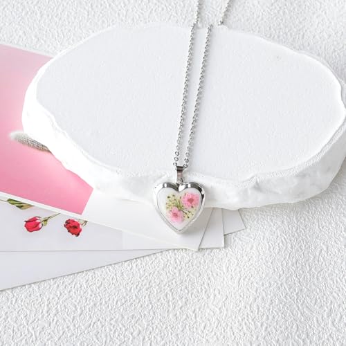 Heart Locket Necklace That Holds Pictures Pressed Flower Photo Locket Pendant Necklace for Girl Women Gift for Her - style: forget me not pink-silver