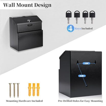 Suggestion Box with Slot and Lock, Wall Mounted Metal Voting Box, Donation Box, Cash Box with 4 Keys