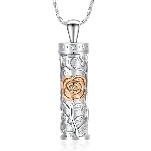 Rose Flower Urn Necklace Cylinder Bar Urn Necklace for Ashes Pendant Necklace Keepsake for Ashes Memory Keepsake Cremation Jewelry for Women Memorial - color: Roseflower-Silver rose