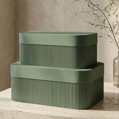 Decorative Storage Boxes with Lids - Set of 2 Fluted Photo Organizer Bins | Beautiful Home Bookshelf Decor to Safely Store Documents, Memory Box Items and Other Keepsakes in Style - color: Sage