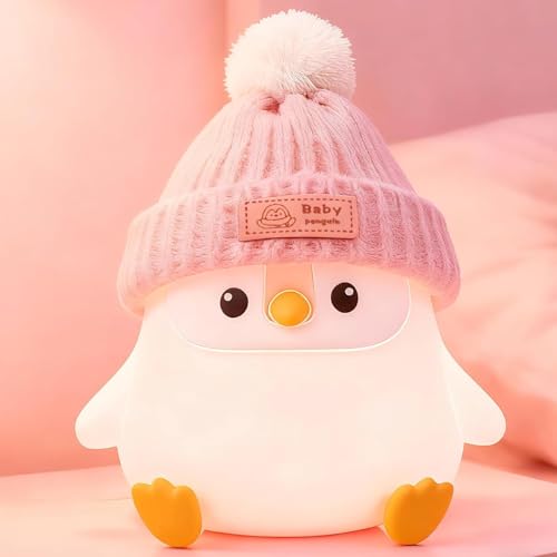 FAMIDUO Penguin Night Light,Cute Pink Penguin Lamp with Hat,Kids Room Decor | Safe Silicone Nursery Nightlight ,Rechargeable/Dimmable/Timer LED Squishy Animal Bedside Touch Lamp,Funny Gift for Girls - color: Pink Sitting Penguin