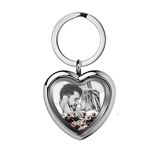 Custom Photo Text Engraved Heart Floating Living Locket Crystal Pendant Keychain - color: Pink - 1 Photo Engraving
