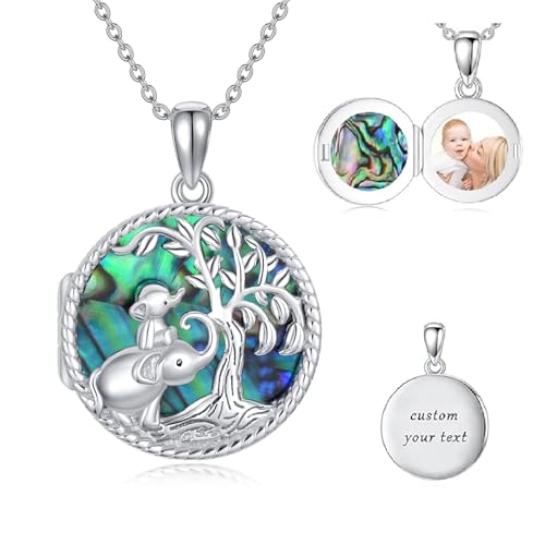 Heart Locket Necklace 925 Sterling Silver Custom Photo Pendant That Holds Pictures Memorial Jewelry Gifts for Women Mom Daughter - color: Elephant, style: 3-photo&text customized