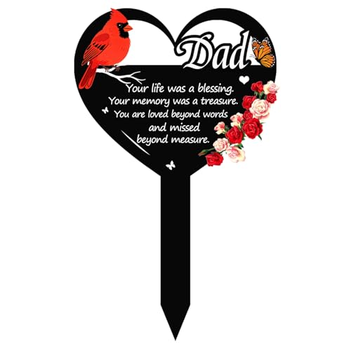 Memorial Grave Markers Heart Memorial Plaque Stake Sympathy Grave Markers Cemetery Cardinals Garden Stake Memorial Metal Grave Stake Decoration for Mom Dad Cemetery Outdoors Yard Garden (Dad-D) - color: Dad--D