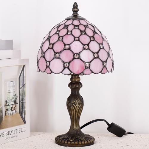 Small Tiffany Stained Glass Table Lamp,Pink | Mini Desk Accent Light, Bedroom Bedside Reading, Antique Style Decor, 8X15 Inches - color: Pink