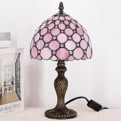 Small Tiffany Stained Glass Table Lamp,Pink | Mini Desk Accent Light, Bedroom Bedside Reading, Antique Style Decor, 8X15 Inches - color: Pink