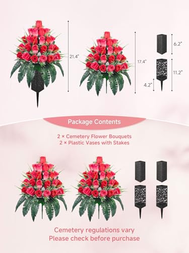 Mirevielyn 2-Pack 24-Stem Artificial Rose Cemetery Flowers with Vases - color: Red (Vivid Tribute)