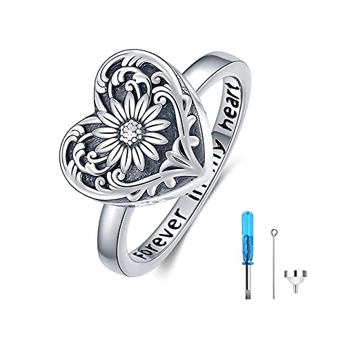 SOULMEET Sunflower Locket Urn Ring That Holds Loved Ones Ashes Sterling Silver Personalized Locket Band Keepsake Memorial Jewelry Cremation Rings for women - style: A1-Ring only size 7