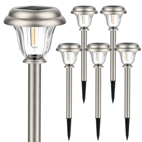 DERAYSION Solar Lights Outdoor, Metal Glass Solar Pathway Lights | IP65 Waterproof Garden Lights Glass Stainless Steel Long-Lasting Outdoor Solar Lights for Yard Garden Path Driveway Walkway - color: 6Pack-6000K-SS