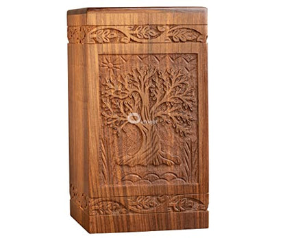 Outright Cremation Urns for Adult Human Ashes - Adult Large Wooden Urn Handcrafted for Funeral and Burial - Tree of Life Memorial Burial for Male and Female (Natural, L, 6.25 x 6.25 x 11.25 inches)