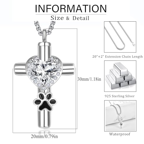 Dreamboat Pet Cremation Urn Necklaces for Dog Cat Ashes 925 Sterling Silver Paw Print Keepsake Pendant Memorial Jewelry Gifts for Women Men - style: 01G-Silver Cross Vial