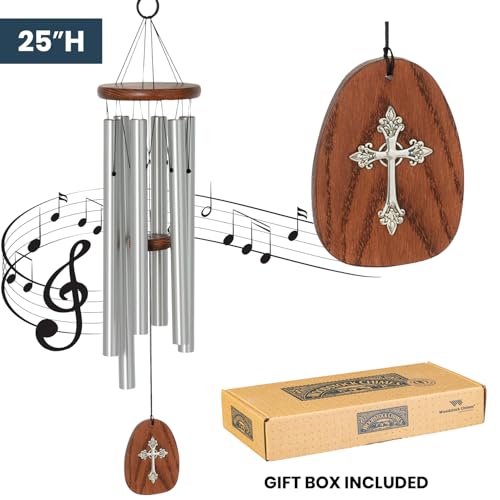 Woodstock Chimes Cross Wind Chime for Outside, Garden, Patio, Porch and Outdoor Decor (25'') Silver Amazing Grace Medium (AGMCR)