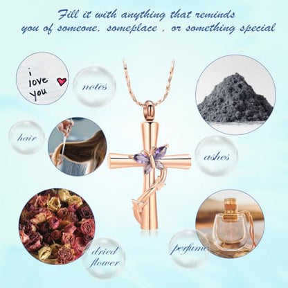 Butterfly Cross Urn Necklace for Ashes Birthstone Cremation Jewelry for Men Women Ashes Pendant Keepsake Memorial Ash Jewelry - color: Rosegold-Purple