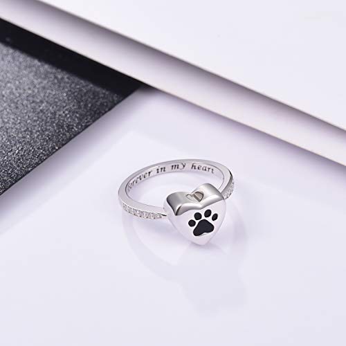 925 Sterling Silver Love Heart Urn Ring for pet Dog Cat's Ashes Keepsake Memorial Tiny Jewelry Forever in My Heart Paw Print Cremation Finger Rings - color: black