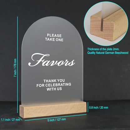 Acrylic Wedding Favors Sign for Reception with Wood Stand, 5 x 7 | Wedding signage guides guests to favors; frosted acrylic table sign with UV-printed white text and beech wood stand. - size: Favors Sign