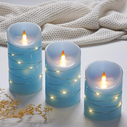 Rechargeable LED Candles, Real Wax, 4 5 6 in, Sky Blue, 3 Pack | USB Rechargeable Real Wax Candles with Remote, Timer and Star Lights - color: Blue