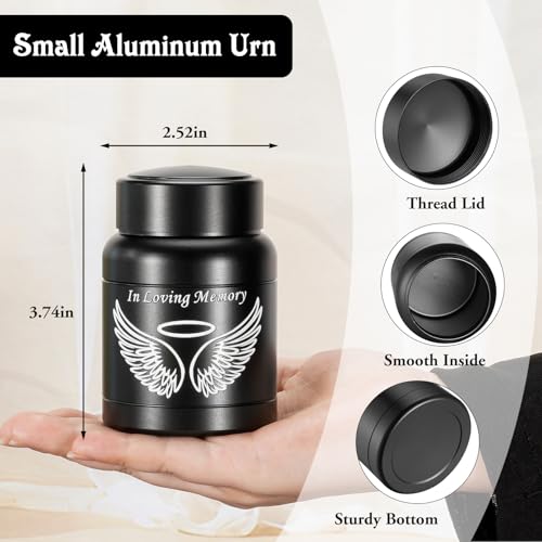 SOITIS Cremation Urn - 3.74 Inch Small Urn for Human Ashes - Elegant Black Aluminum Memorial Keepsake with White Wings Design - Funeral Keepsake for Ashes, Memorial Keepsake Holder - size: Medium