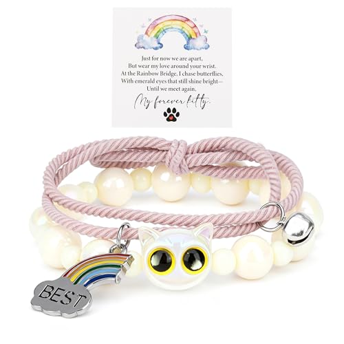 LINGYUAN 2 PCS Pet Memorial Gifts for Cats, Rainbow Bridge Bracelet for Beloved Cat Loss of Pet Remembrance Gifts