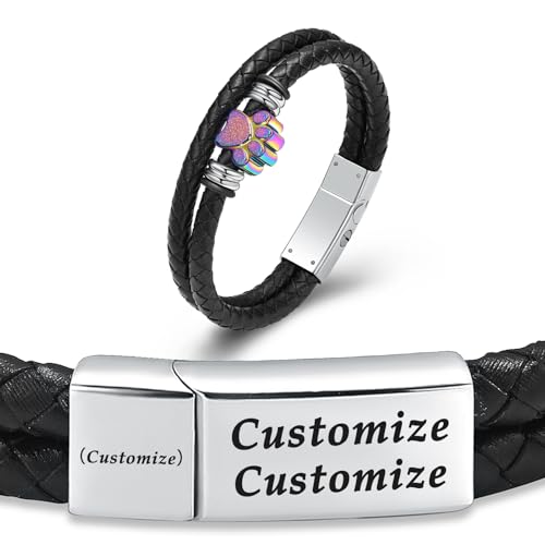 Hearbeingt Paw Print Urn Bracelet for Pet Cremation Jewelry for Ashes Leather Memorial Bracelets for Women Men Stainless Steel Cat Dog Keepsake Bangle Jewelry for Ashes of Loved Ones - color: Customize-a