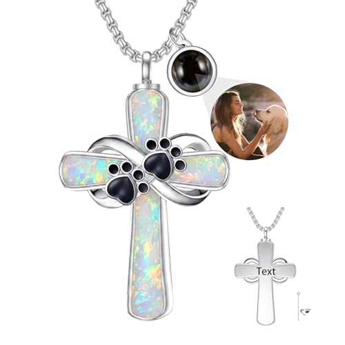 Turquoise Cross Urn Necklaces for Human Ashes 925 Sterling Silver Urn Necklaces Cremation Keepsake Memorial Pendant Necklace for Ashes for Loved One Human Pet - style: Paw Print&Black-White opal-Text&photo