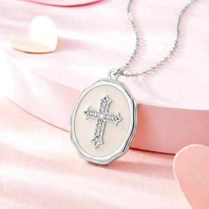 18K Gold Cross Locket Necklace for Women Holds Photo Necklace with Personalized Picture Necklaces Pendant 18 Inch Birthday Mother's Day for Women - color: Silver Cross