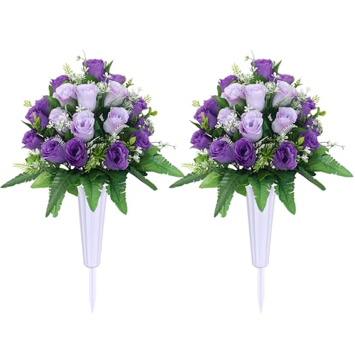 Lodou Set of 2 Artificial Cemetery Flower, Outdoor Grave Decorations Roses,Cemetery Memorial Flowers with Vase for Gravesite Outdoor Headstone Tombstone Decorations (Purple) - color: Purple