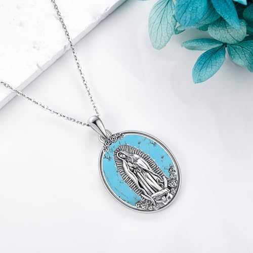 YAFEINI Virgen De Guadalupe Necklace 925 Sterling Silver Mother Mary Necklace Virgencita Jewelry Thanksgiving Day Gifts for Women - style: Turquoise