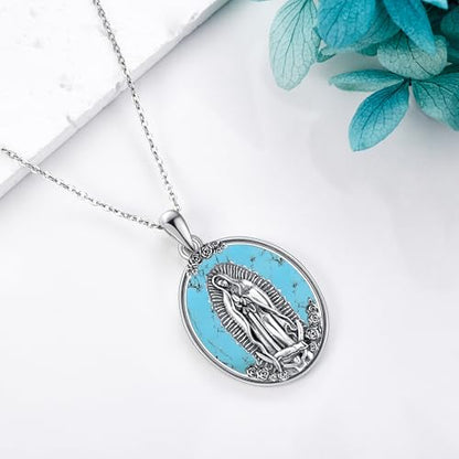 YAFEINI Virgen De Guadalupe Necklace 925 Sterling Silver Mother Mary Necklace Virgencita Jewelry Thanksgiving Day Gifts for Women - style: Turquoise