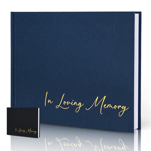 Funeral Guest Book for Memorial Service, in Loving Memory 9x7.5 | 330 Entries, Table Sign Card Included, Gold Stamping, Oxford-Textured Paper Cover, Minimalist Design, Beige - color: Navy Minimalist