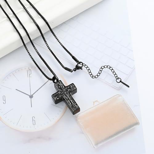 XSMZB Cross Urn Necklace for Ashes for Women Men Tree of Life Cross Cremation Jewelry Keepsake Pendant for Ashes of Loved One - color: Black