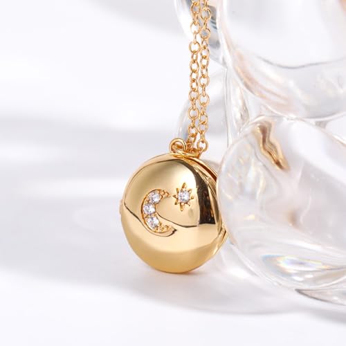 Gold Locket Necklace for Women Vintage, Heart Star Moon Butterfly Angel Holds Picture Photo Oval Locket Pendant Memorial Necklace Personalized Celestial Jewelry Birthday Gifts - style: Round Star Moon
