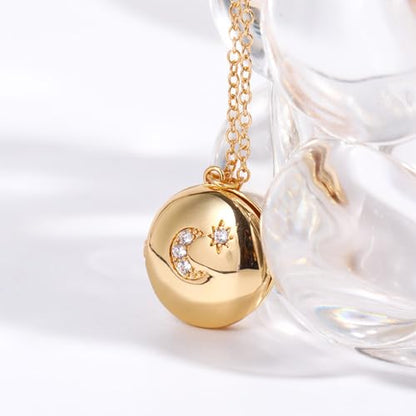 Gold Locket Necklace for Women Vintage, Heart Star Moon Butterfly Angel Holds Picture Photo Oval Locket Pendant Memorial Necklace Personalized Celestial Jewelry Birthday Gifts - style: Round Star Moon