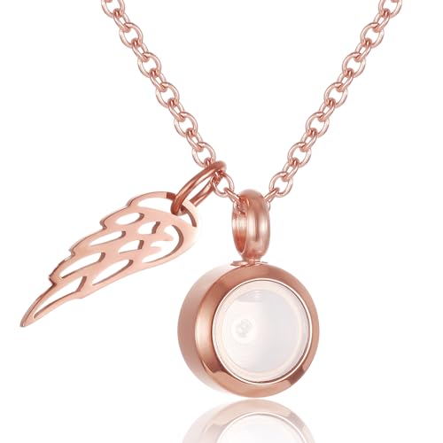 Tiny Glass Round Cremation Urn Necklace For Ashes For Women With Angel Wing Stainless Steel Memorial Locket Necklace Keepsake Jewelry - color: Rose Gold