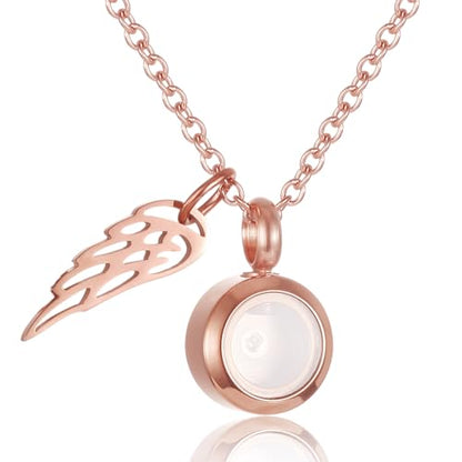 Tiny Glass Round Cremation Urn Necklace For Ashes For Women With Angel Wing Stainless Steel Memorial Locket Necklace Keepsake Jewelry - color: Rose Gold