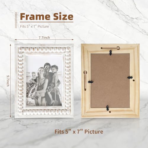 Whitewashed Wood Beaded 5x7 Picture Frame - Farmhouse Style Rustic Photo Frame, Boho Picture Frame as 5 x 7 Photo Frame for Tabletop Display 5x7 Photo - color: White, size: Single 5x7