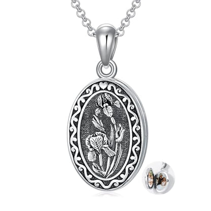 Birth Flower Photo Locket Necklace 925 Sterling Silver 12 Month Locket Necklace with Picture Birth Flower Photo Jewelry Gifts for Women Mother Mom Daughter - color: 02-February-Iris, style: 1.no custom