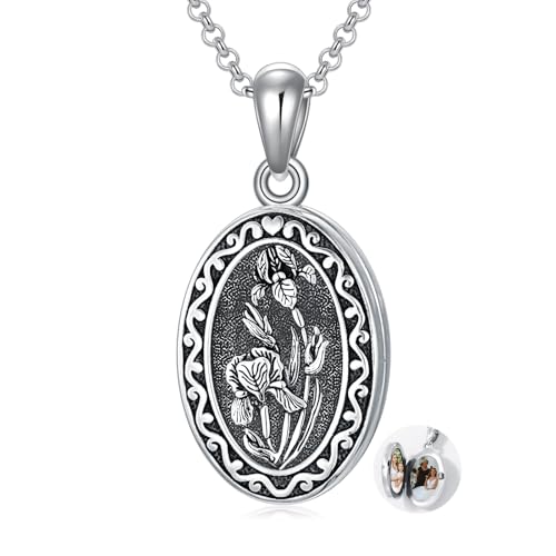 Birth Flower Photo Locket Necklace 925 Sterling Silver 12 Month Locket Necklace with Picture Birth Flower Photo Jewelry Gifts for Women Mother Mom Daughter - color: 02-February-Iris, style: 1.no custom