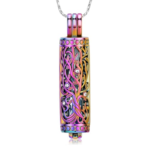 Urn Necklace for Ashes with Hollow Vial Cylinder Cremation Jewelry for Ashes Tree of Life Memorial Jewelry Gifts for Women Ashes Necklace Lockets Ashes Holder for Men Pet - color: Rainbow