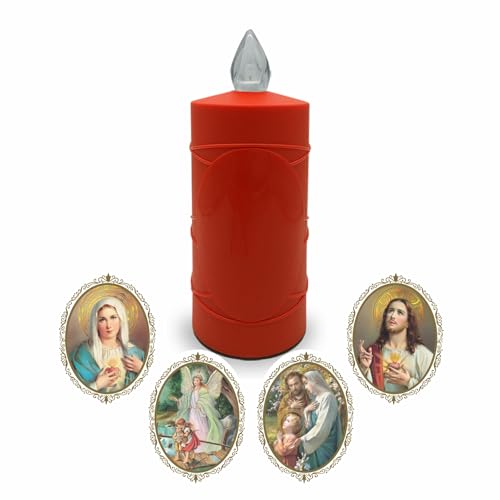 LED Votive Candle Memorial Light – Flickering Effect Like a Real Candle – Long Burning time up to 120 Days – Reusable Cemetery Remembrance Eternal Candle – RED – Mixed Saints Sticker Set - color: Red