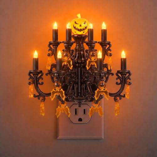 Briignite Halloween Night Light, Chandelier Night Lights Plug into Wall | Amber Flicker Flame Nightlight with Auto Light Sensor, 3-Level Dimmable, 180° Rotatable, Halloween Decor for Bedroom Hallway - color: Black, size: 1 Pack