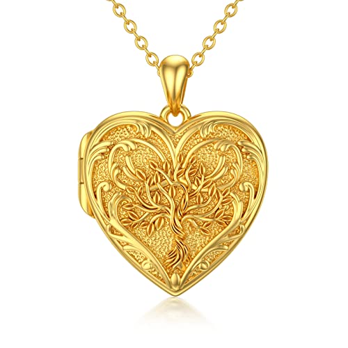 SOULMEET 10K 14K 18K Solid Gold Personalized Sunflower/Starburst/Cross/Rose/Lotus/Butterfly/Turtle/Celtic/Bee Heart Locket Necklace That Holds Picture Gift Choice - style: H-Gold tree locket only