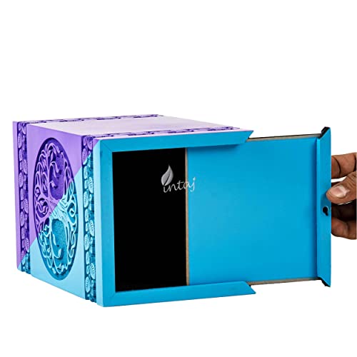 Wooden Urn for Human Ashes, 640 Cu in, XX-Large, Blue & Purple | Hand-carved wood, blue and purple, screw-locked sliding base, engraving available, holds two adults, to 640 lb combined - color: Blue & Purple, size: XL - 14Hx7.5W (640 Cu/In)